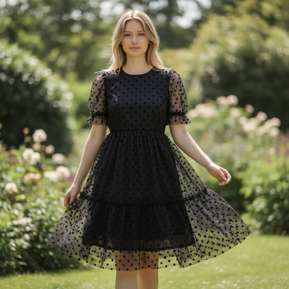 Black Mesh Polka Dot Tiered Midi Dress Sheer Puff Sleeve Cocktail Party L (173)